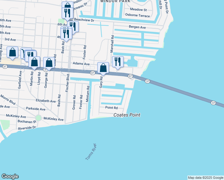 map of restaurants, bars, coffee shops, grocery stores, and more near 18 Cruiser Ct in Toms River