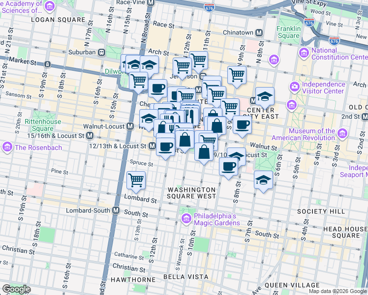 map of restaurants, bars, coffee shops, grocery stores, and more near 1020 Locust Street in Philadelphia