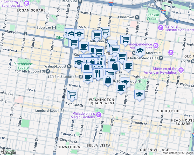 map of restaurants, bars, coffee shops, grocery stores, and more near 1101 Locust Street in Philadelphia