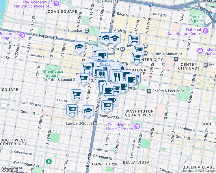 map of restaurants, bars, coffee shops, grocery stores, and more near 1324 Locust Street in Philadelphia