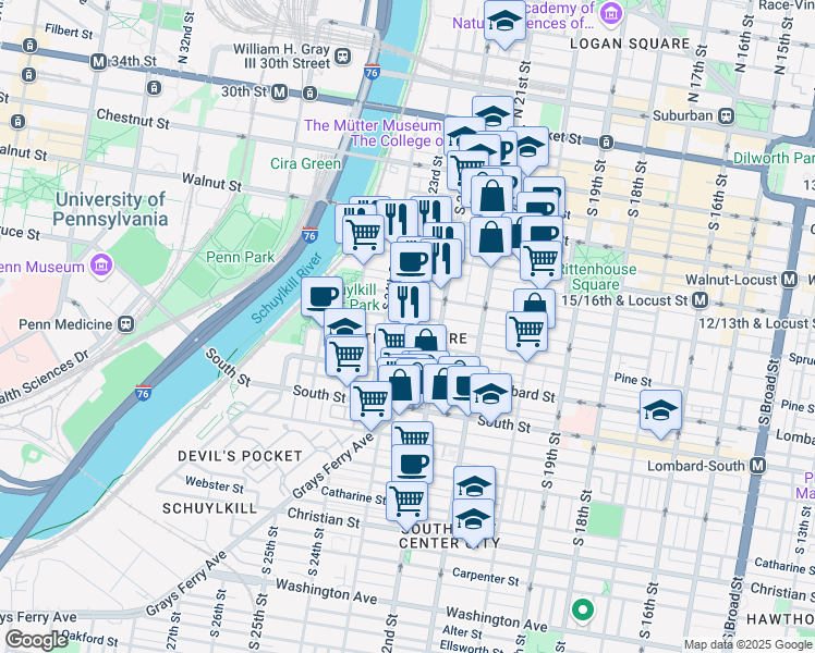 map of restaurants, bars, coffee shops, grocery stores, and more near in Philadelphia