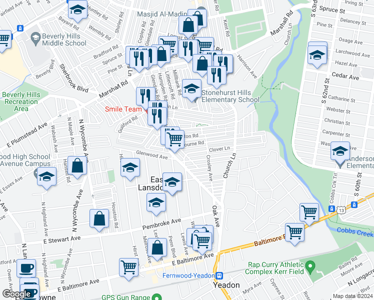 map of restaurants, bars, coffee shops, grocery stores, and more near 7157 Clover Lane in Upper Darby