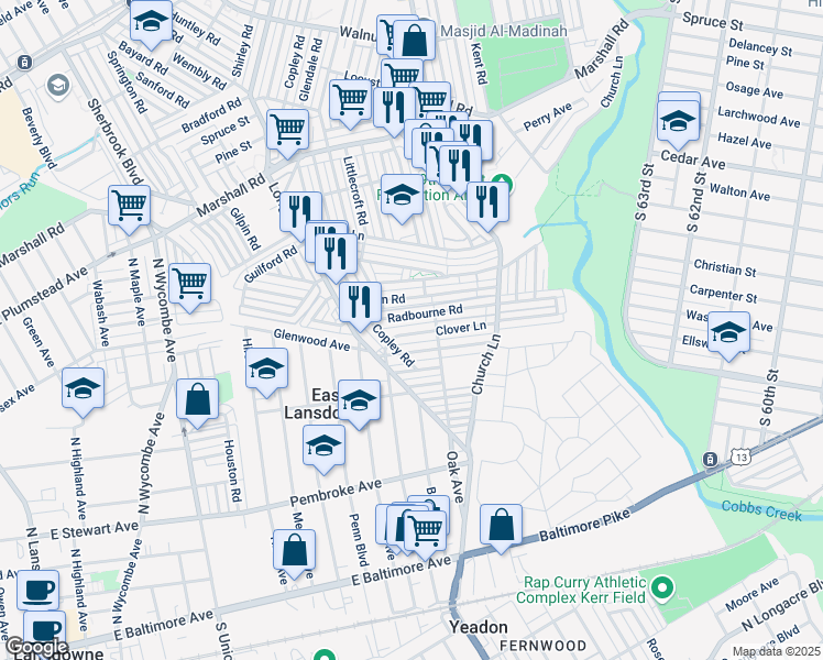 map of restaurants, bars, coffee shops, grocery stores, and more near 7141 Clover Lane in Delaware County