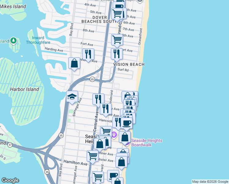 map of restaurants, bars, coffee shops, grocery stores, and more near 61 Hiering Avenue in Seaside Heights