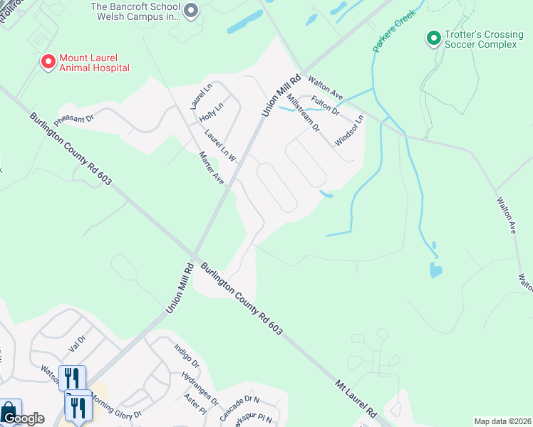 map of restaurants, bars, coffee shops, grocery stores, and more near 36 Wood View Drive in Mount Laurel Township