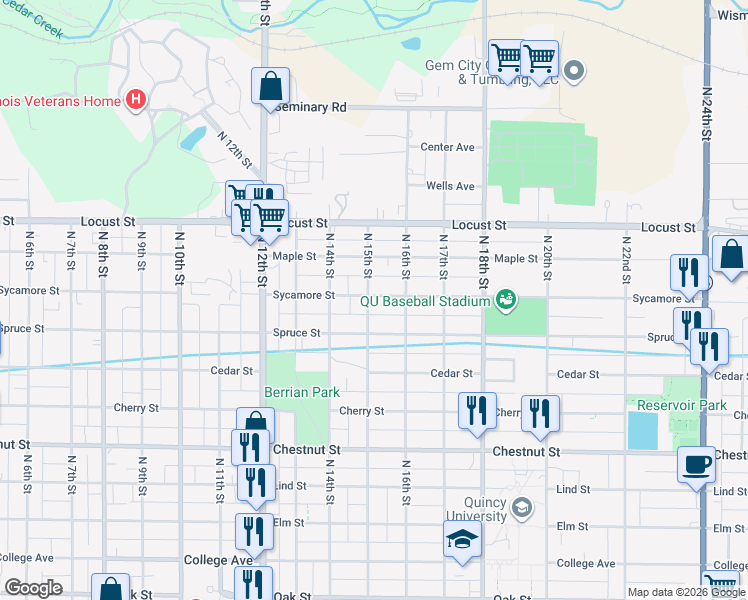 map of restaurants, bars, coffee shops, grocery stores, and more near 1500 Sycamore Street in Quincy