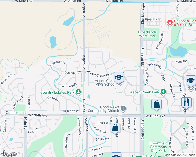map of restaurants, bars, coffee shops, grocery stores, and more near 5786 Aspen Creek Drive in Broomfield