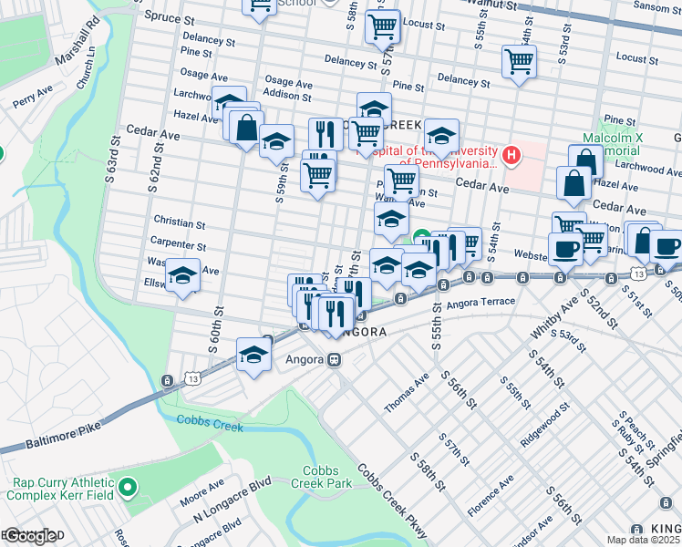 map of restaurants, bars, coffee shops, grocery stores, and more near 837 South Alden Street in Philadelphia