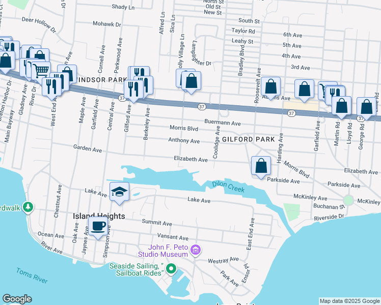 map of restaurants, bars, coffee shops, grocery stores, and more near 311 Elizabeth Avenue in Toms River