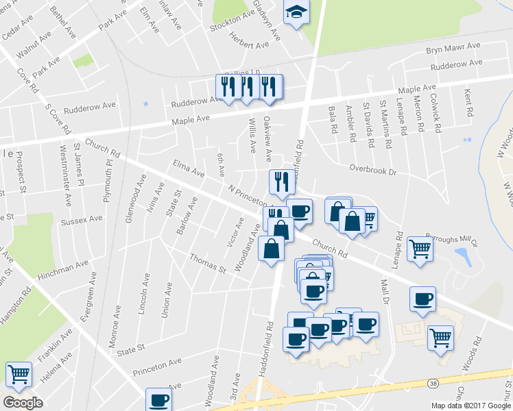map of restaurants, bars, coffee shops, grocery stores, and more near 660 North Princeton Avenue in Cherry Hill