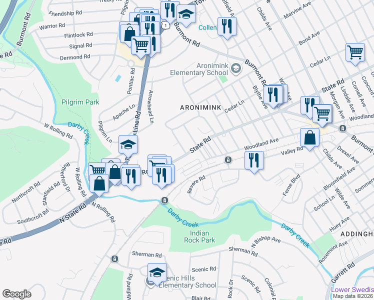map of restaurants, bars, coffee shops, grocery stores, and more near 801 Terwood Road in Drexel Hill