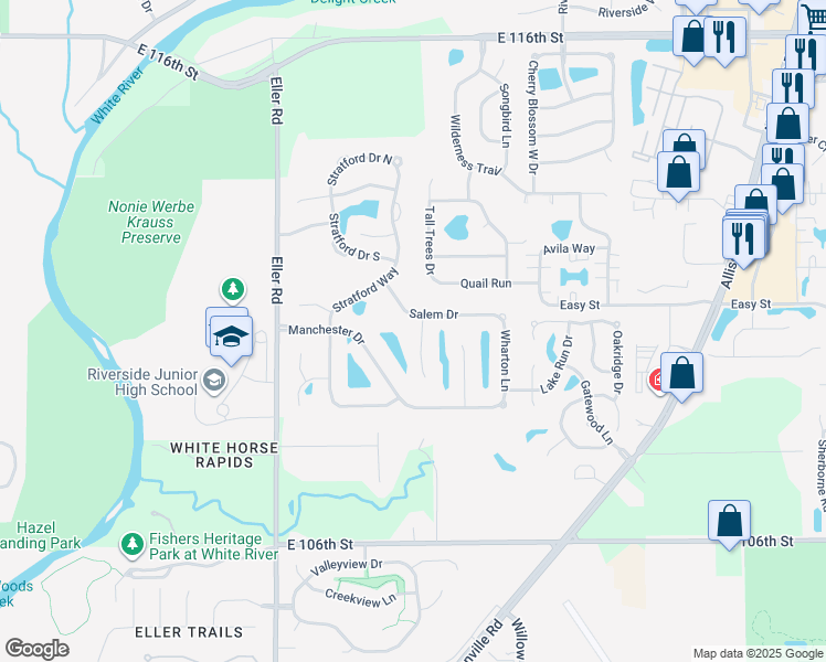 map of restaurants, bars, coffee shops, grocery stores, and more near 11034 Eaton Court in Fishers