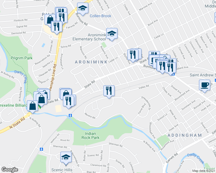 map of restaurants, bars, coffee shops, grocery stores, and more near 4729 Woodland Avenue in Drexel Hill