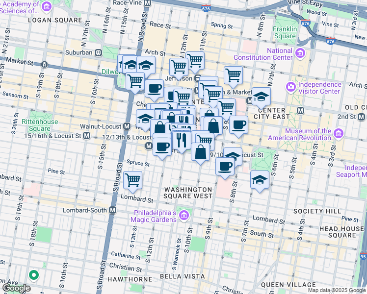 map of restaurants, bars, coffee shops, grocery stores, and more near 220 South 11th Street in Philadelphia