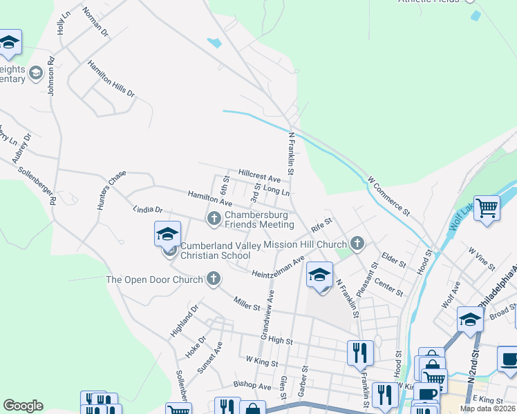 map of restaurants, bars, coffee shops, grocery stores, and more near 439 Hamilton Avenue in Chambersburg