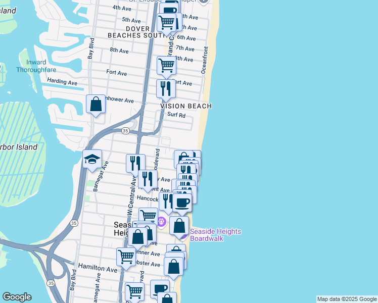 map of restaurants, bars, coffee shops, grocery stores, and more near 1521 Oceanfront in Seaside Heights