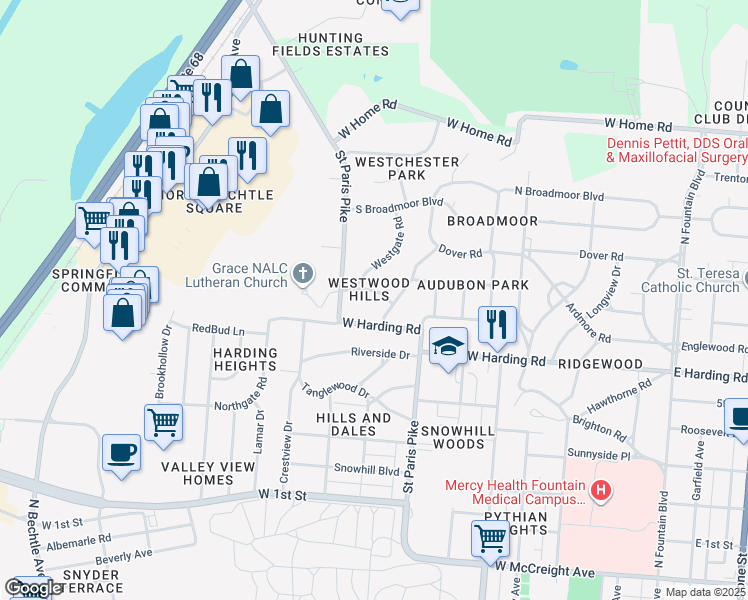 map of restaurants, bars, coffee shops, grocery stores, and more near 701 Mayhill Road in Springfield