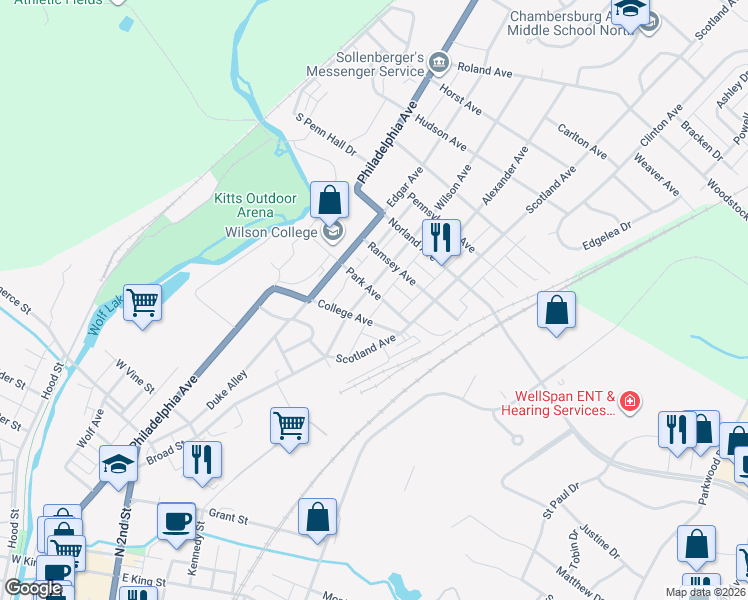 map of restaurants, bars, coffee shops, grocery stores, and more near 220 Park Avenue in Chambersburg