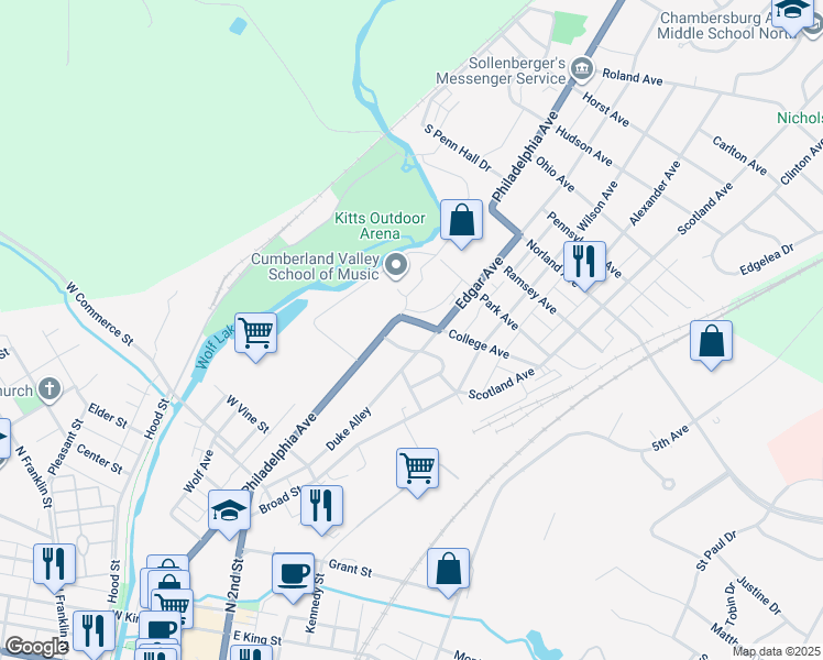 map of restaurants, bars, coffee shops, grocery stores, and more near 30 College Avenue in Chambersburg
