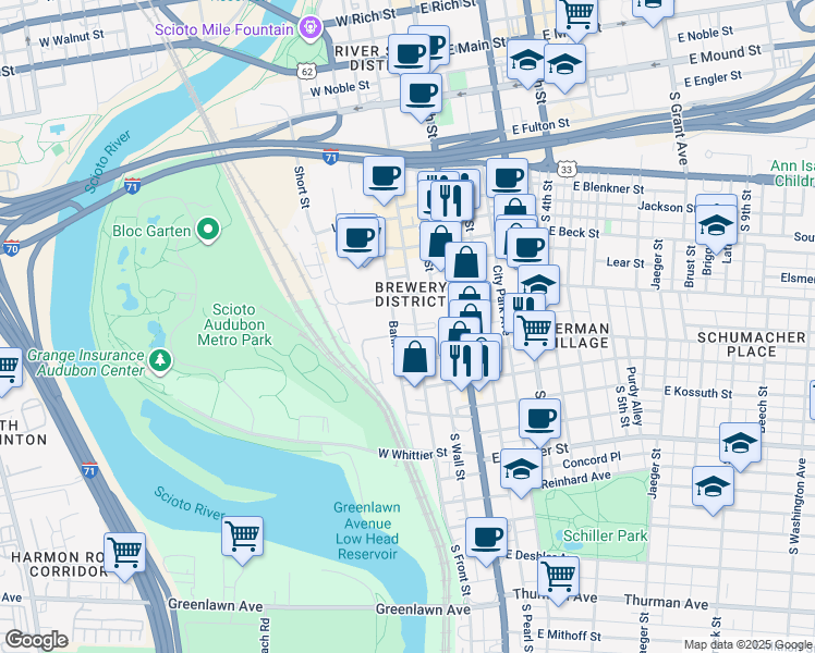 map of restaurants, bars, coffee shops, grocery stores, and more near 681 South Front Street in Columbus