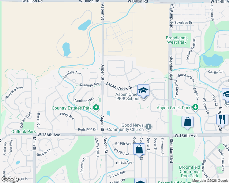 map of restaurants, bars, coffee shops, grocery stores, and more near 5786 Aspen Creek Drive in Broomfield