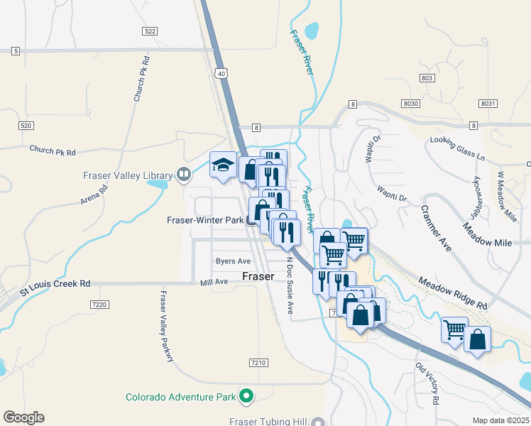 map of restaurants, bars, coffee shops, grocery stores, and more near in Fraser