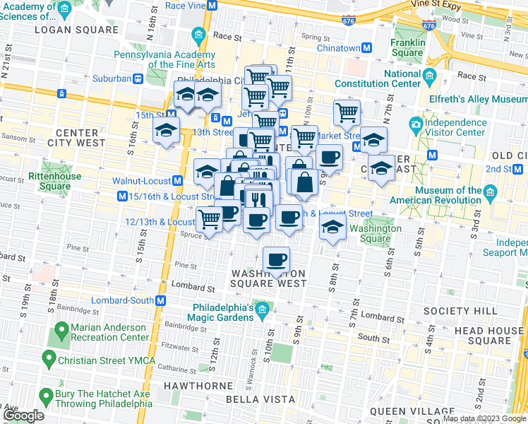 map of restaurants, bars, coffee shops, grocery stores, and more near in Philadelphia