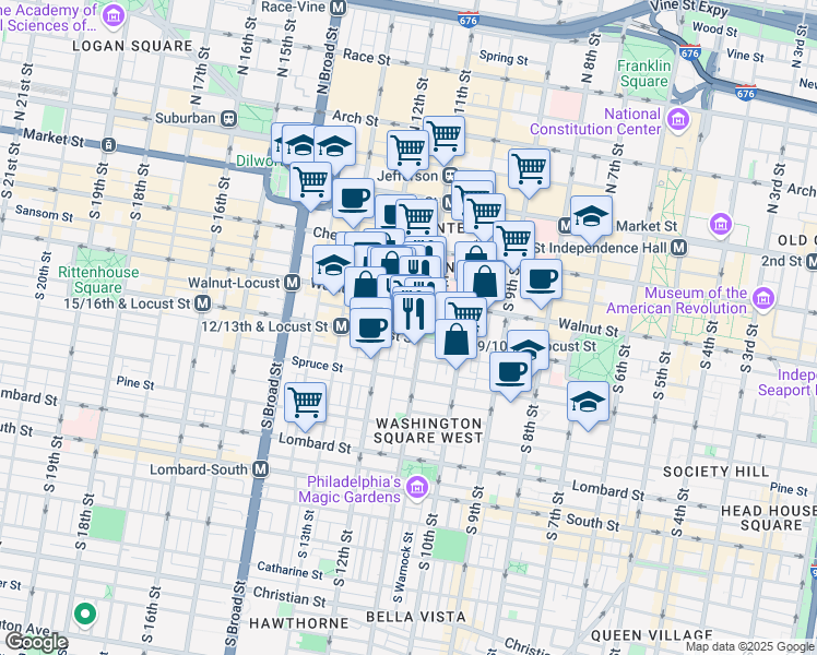 map of restaurants, bars, coffee shops, grocery stores, and more near in Philadelphia