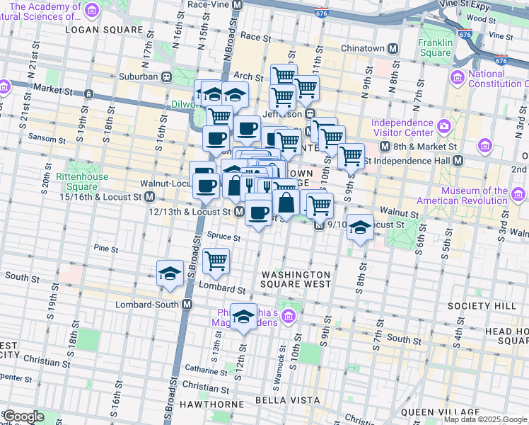 map of restaurants, bars, coffee shops, grocery stores, and more near 1203 Locust Street in Philadelphia