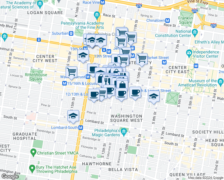 map of restaurants, bars, coffee shops, grocery stores, and more near 1111 Locust Street in Philadelphia