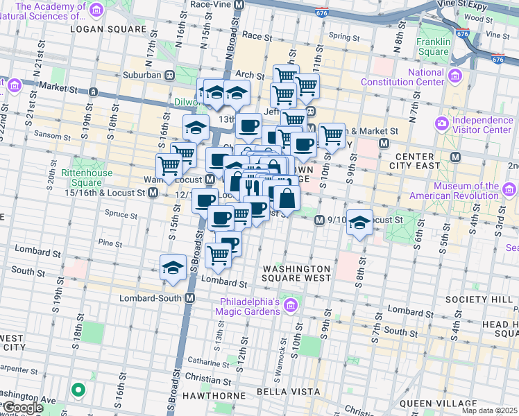 map of restaurants, bars, coffee shops, grocery stores, and more near 1111 Locust Street in Philadelphia