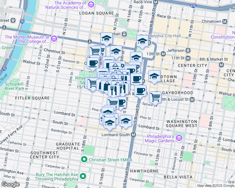 map of restaurants, bars, coffee shops, grocery stores, and more near 1530 Locust Street in Philadelphia