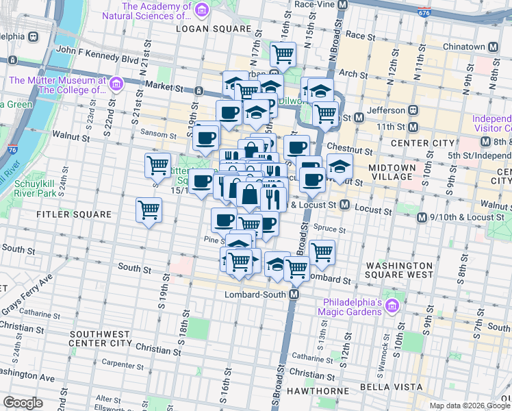 map of restaurants, bars, coffee shops, grocery stores, and more near 1530 Locust Street in Philadelphia
