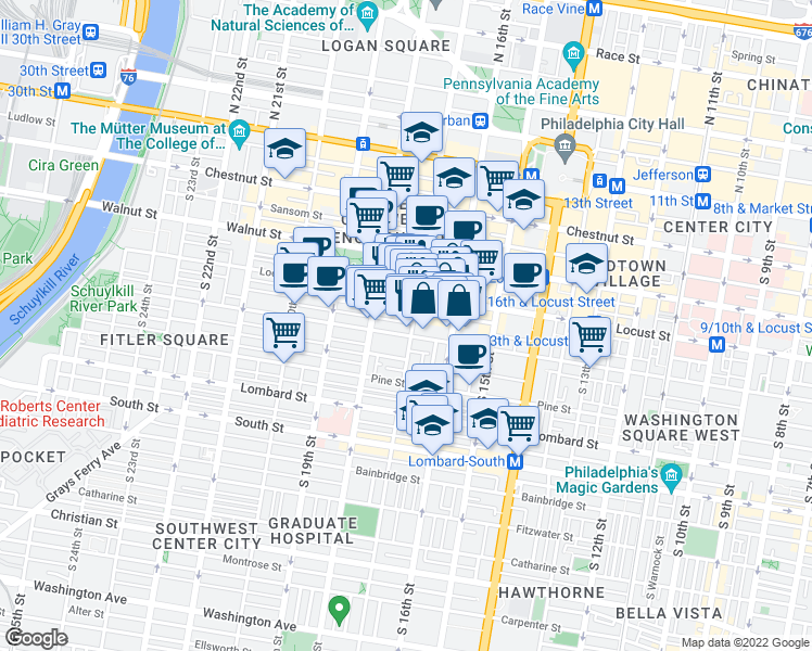 map of restaurants, bars, coffee shops, grocery stores, and more near 263 South 17th Street in Philadelphia