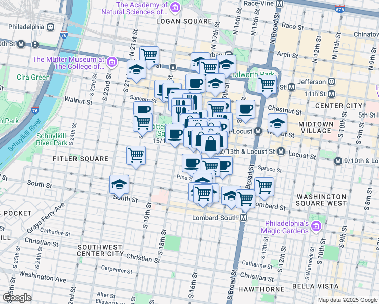 map of restaurants, bars, coffee shops, grocery stores, and more near 263 South 17th Street in Philadelphia