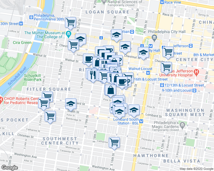 map of restaurants, bars, coffee shops, grocery stores, and more near 237 South 18th Street in Philadelphia