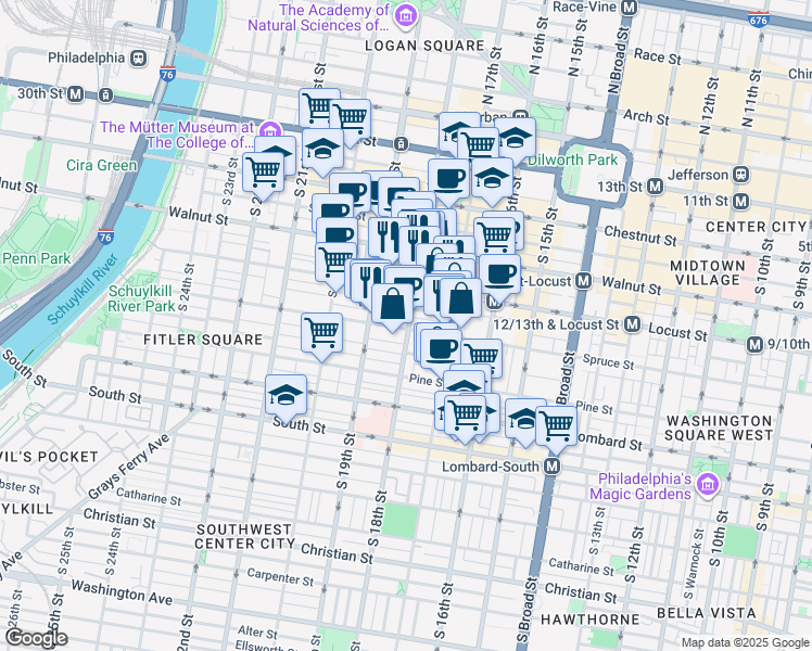 map of restaurants, bars, coffee shops, grocery stores, and more near 237 South 18th Street in Philadelphia
