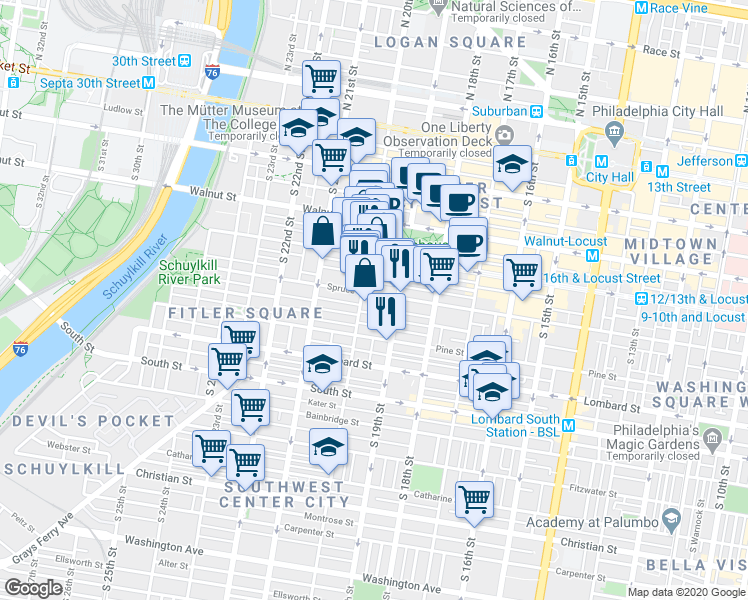 map of restaurants, bars, coffee shops, grocery stores, and more near 1928 Spruce Street in Philadelphia