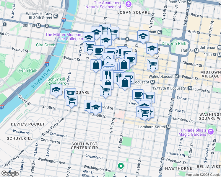 map of restaurants, bars, coffee shops, grocery stores, and more near 1928 Spruce Street in Philadelphia