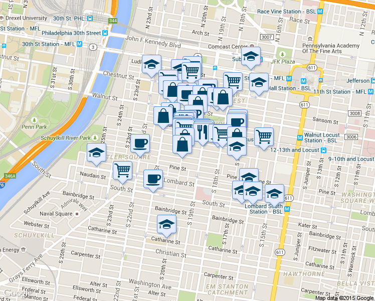 map of restaurants, bars, coffee shops, grocery stores, and more near 1928 Spruce Street in Philadelphia