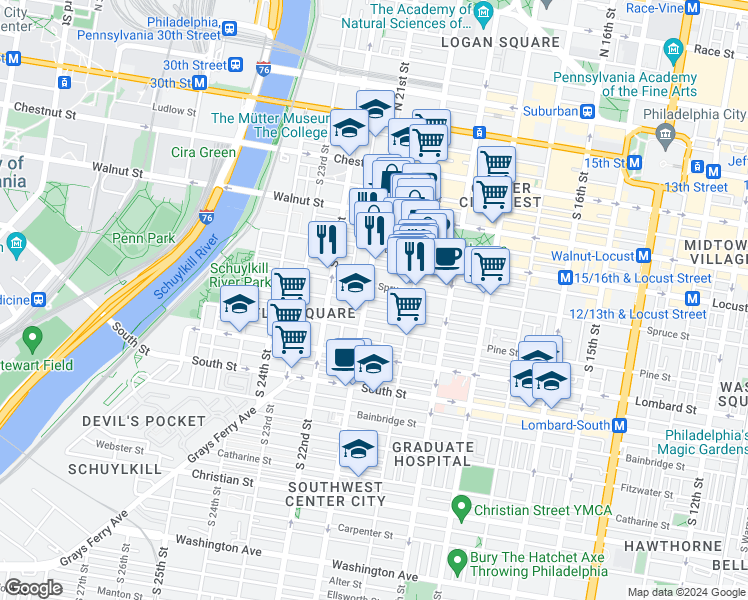 map of restaurants, bars, coffee shops, grocery stores, and more near 2023 Cypress Street in Philadelphia