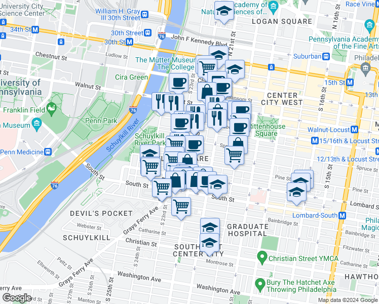 map of restaurants, bars, coffee shops, grocery stores, and more near in Philadelphia