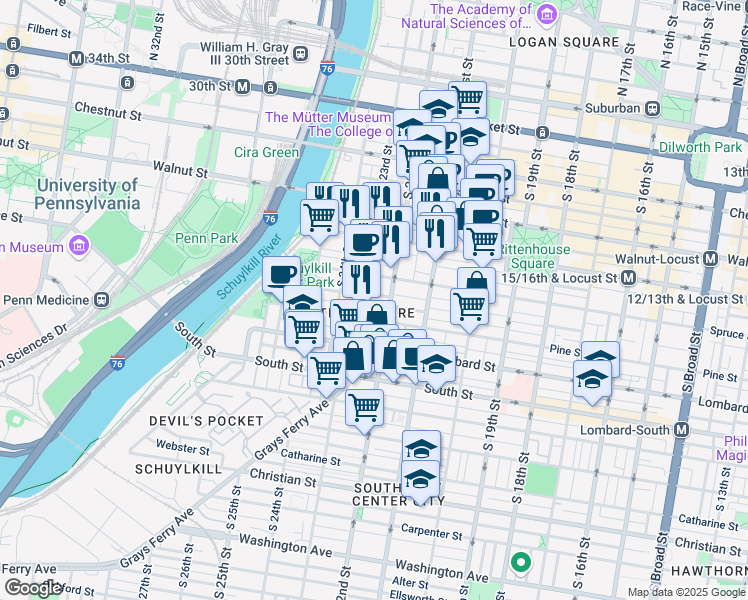 map of restaurants, bars, coffee shops, grocery stores, and more near in Philadelphia