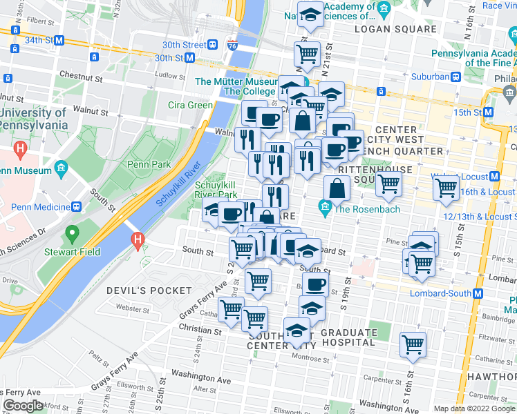 map of restaurants, bars, coffee shops, grocery stores, and more near in Philadelphia