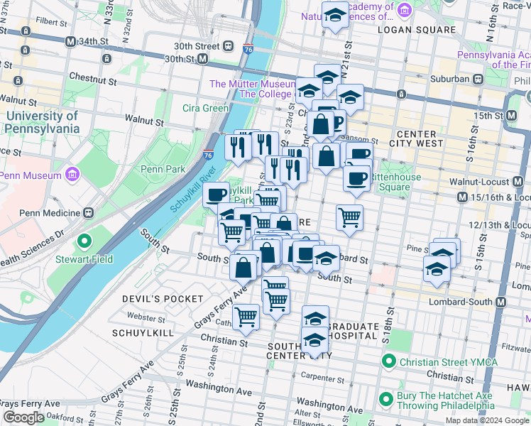 map of restaurants, bars, coffee shops, grocery stores, and more near in Philadelphia