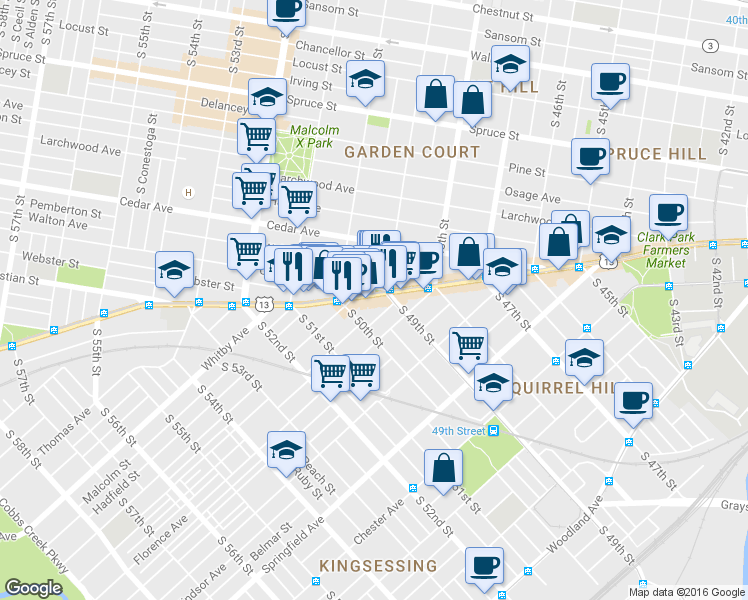map of restaurants, bars, coffee shops, grocery stores, and more near 4916 Baltimore Avenue in Philadelphia
