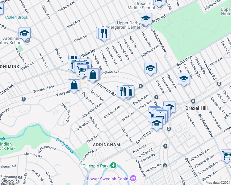 map of restaurants, bars, coffee shops, grocery stores, and more near 630 Aronimink Place in Drexel Hill
