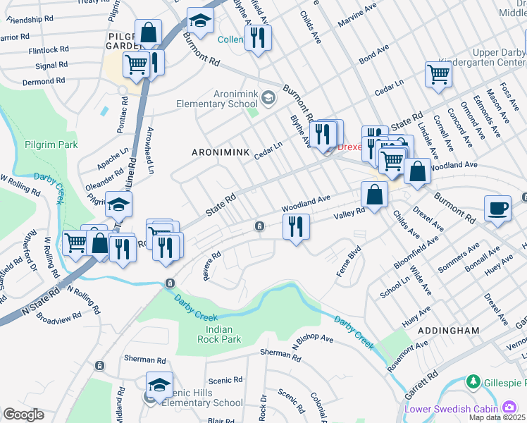 map of restaurants, bars, coffee shops, grocery stores, and more near 4729 Woodland Avenue in Drexel Hill