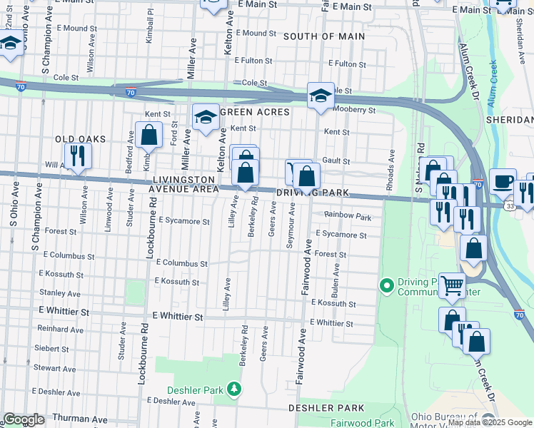 map of restaurants, bars, coffee shops, grocery stores, and more near 924 Geers Avenue in Columbus