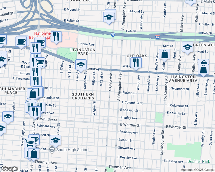 map of restaurants, bars, coffee shops, grocery stores, and more near 826 South 22nd Street in Columbus